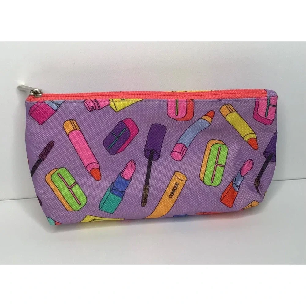 Clinique Makeup Bag Set 2pc Floral & Cosmetic Print Travel Pouches Toiletry NEW